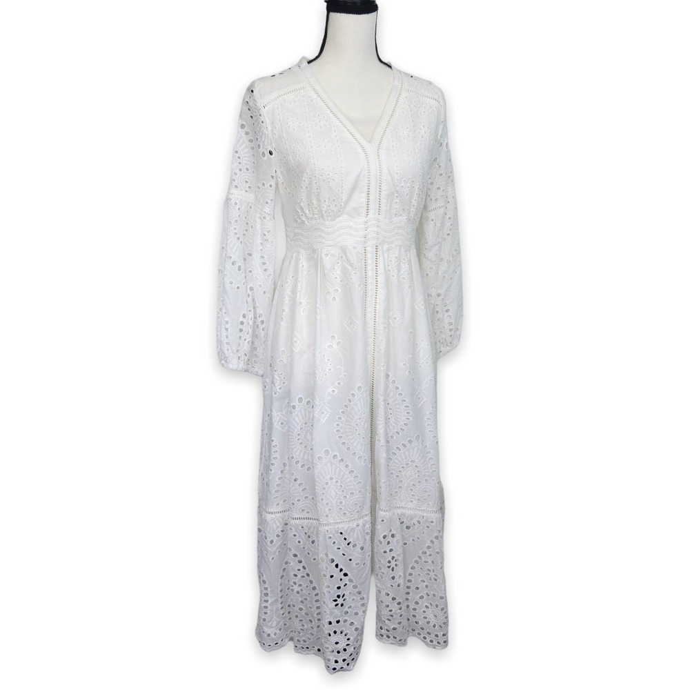 O.P.T White Floral Eyelet Lace‎ Midi Dress Size Small NWT Cottage Long Sleeve - Picture 2 of 6